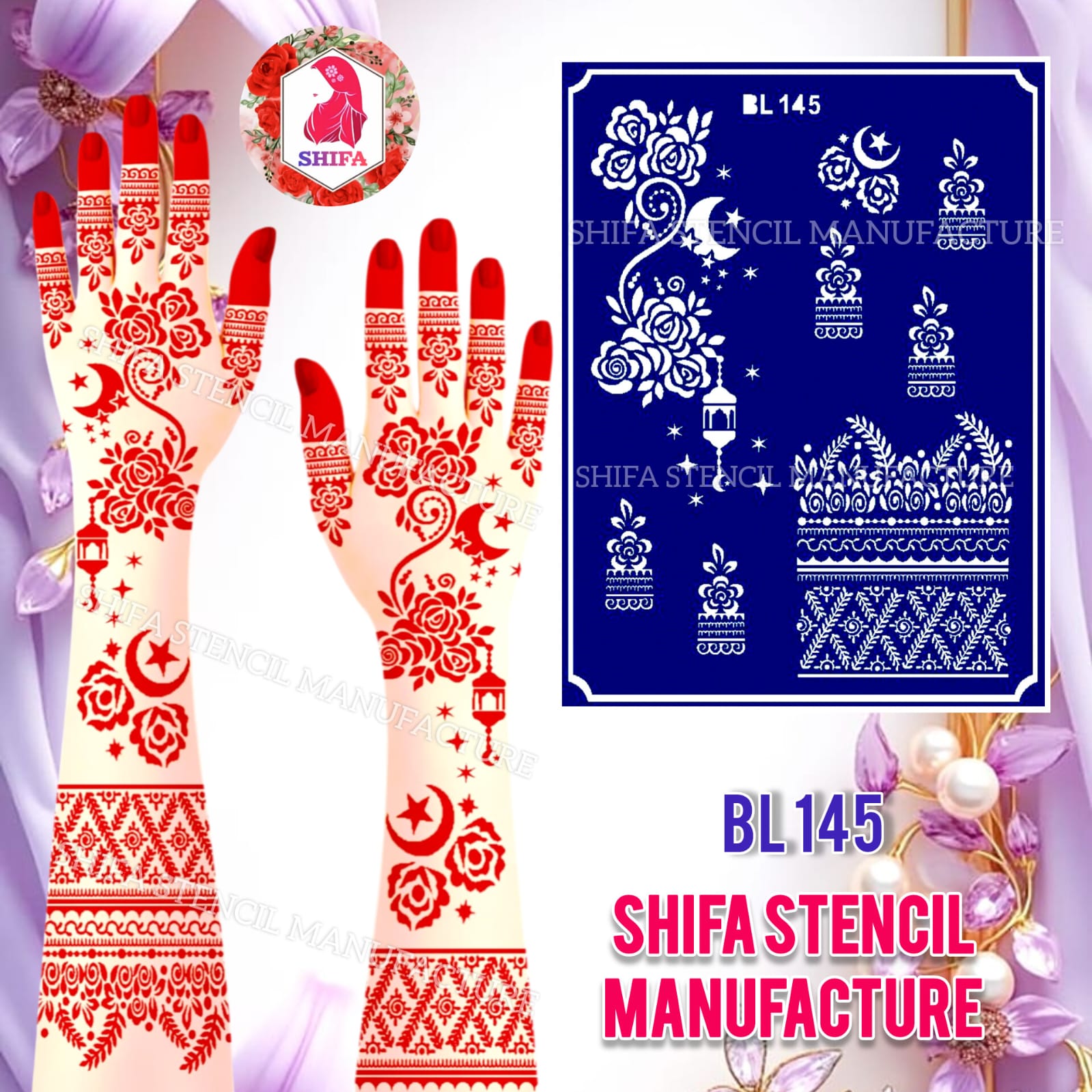 BL145 Crescent Rose Stardust Double Hand Henna Stencil - Shifa Stencil